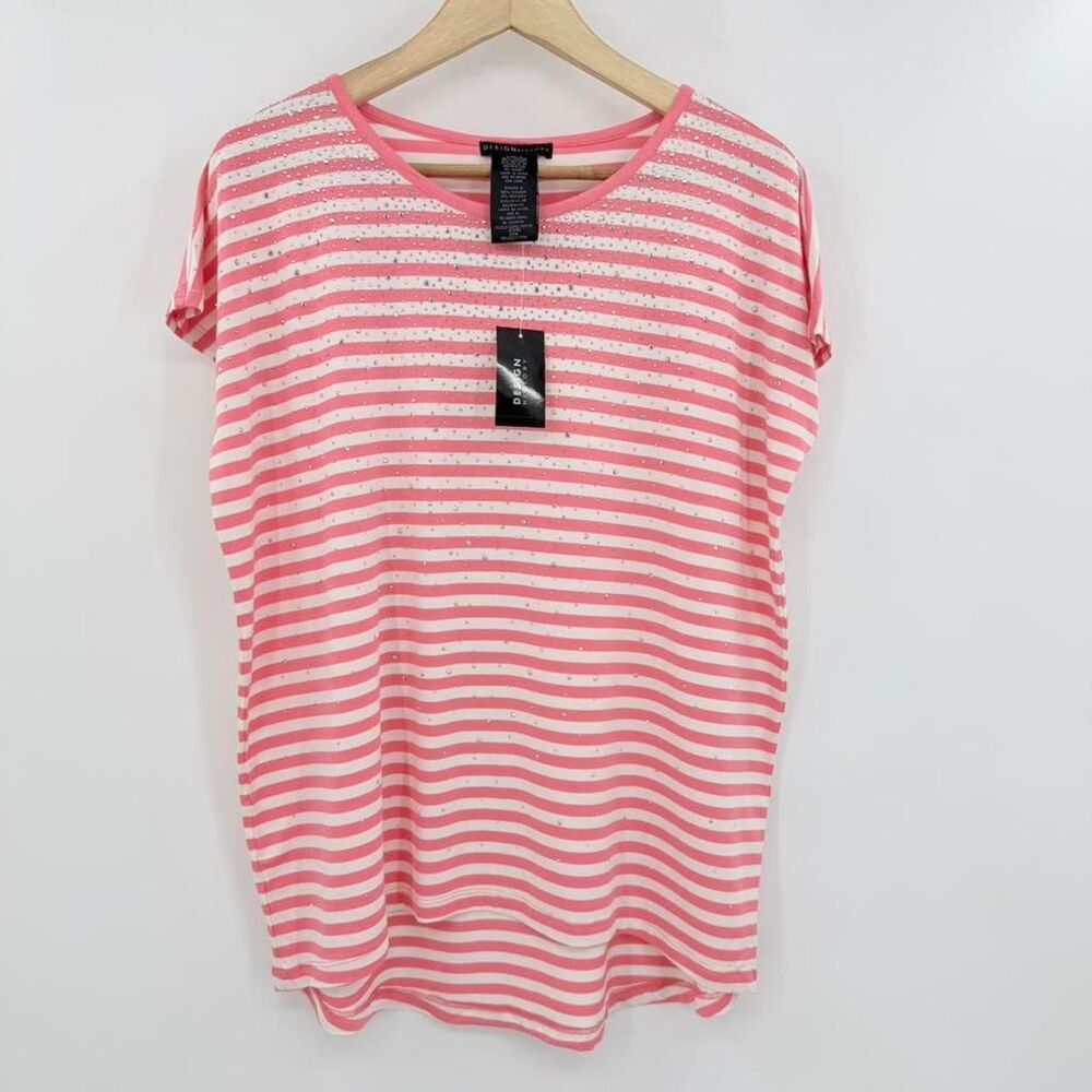 Design History Coral White Striped Rhinestone Y2K Sparkly Top Missy Medium NEW